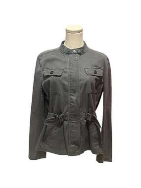 Ann Taylor LOFT Grey Belted Utility Military Jacket with Velvet Trim Petites LP